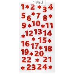 Deko|Adventskalender|Adventskalender-Zahlen Glitter rot, 24 Stück