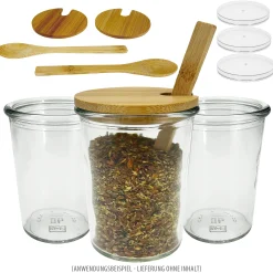 Feiern Und Feste|Picknick-Zubehör|Becherglas mit Bambusdeckel und Löffel, 3er Set