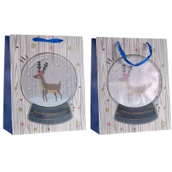 Verpackungen|Weihnachtsgeschenktüten|Geschenktüte 'Schneekugel mit Hirsch' weiß, groß