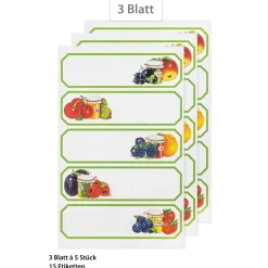 Pflaumenzeit|Zum Aufkleben|Schmucketiketten 'Grüner Rahmen mit Obst', 15 Stück