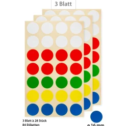 Zum Aufkleben|Etiketten Zum Beschriften|Vielzweck-Etiketten 'Punkte in 5 Farben' Ø 16 mm, 84 Stück
